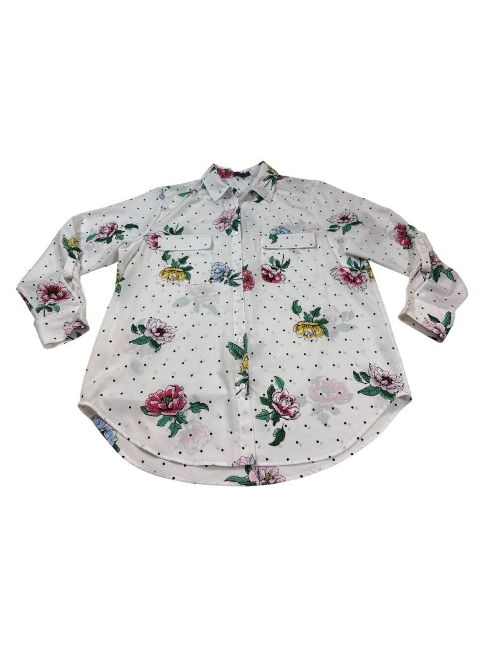 Madison Curvy Floral & Polka Dot Button-Up 1X Lightweight White Blouse (V1152)